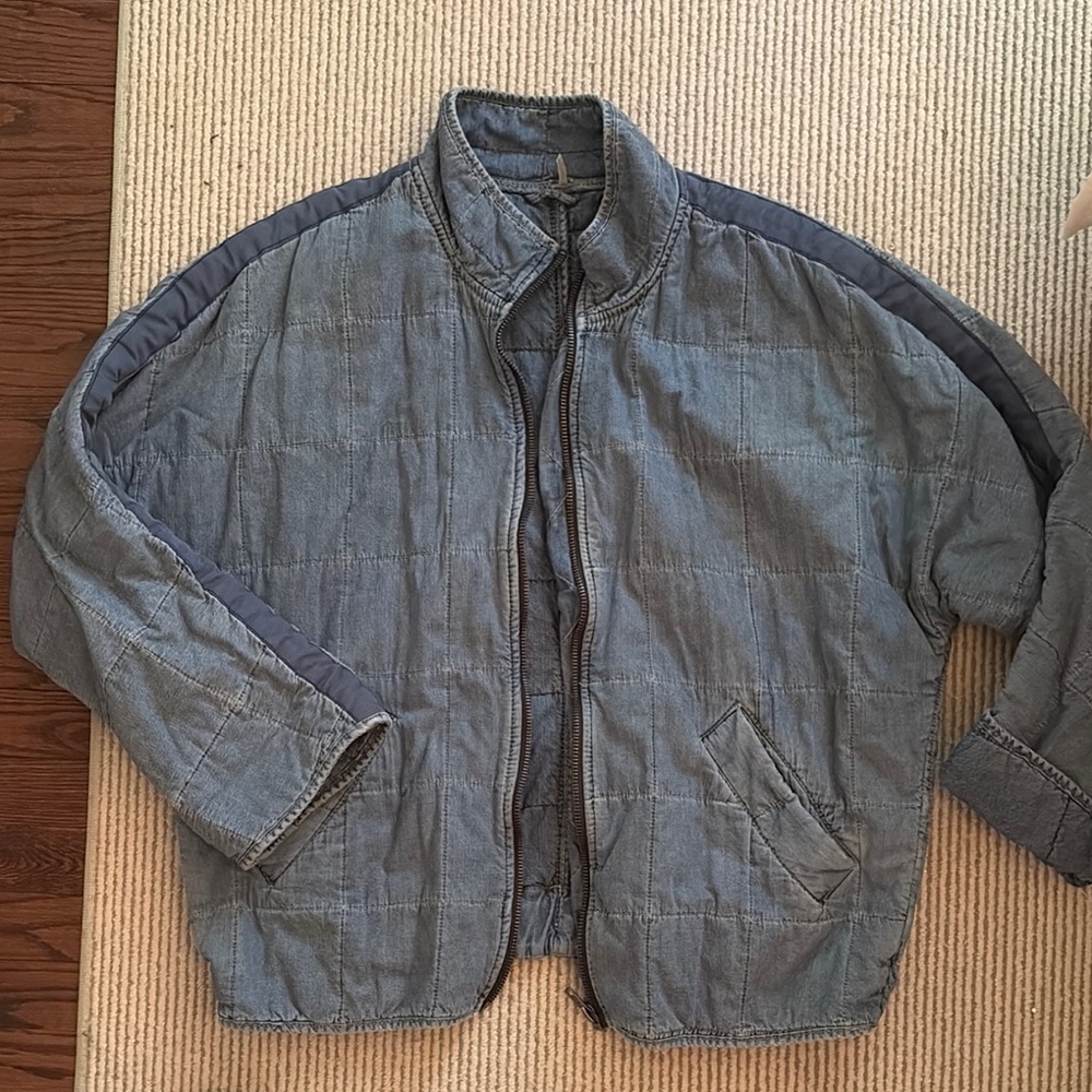 Free People Quilted Denim Blue Jean Jacket with Navy Trim - Picture 2 of 7